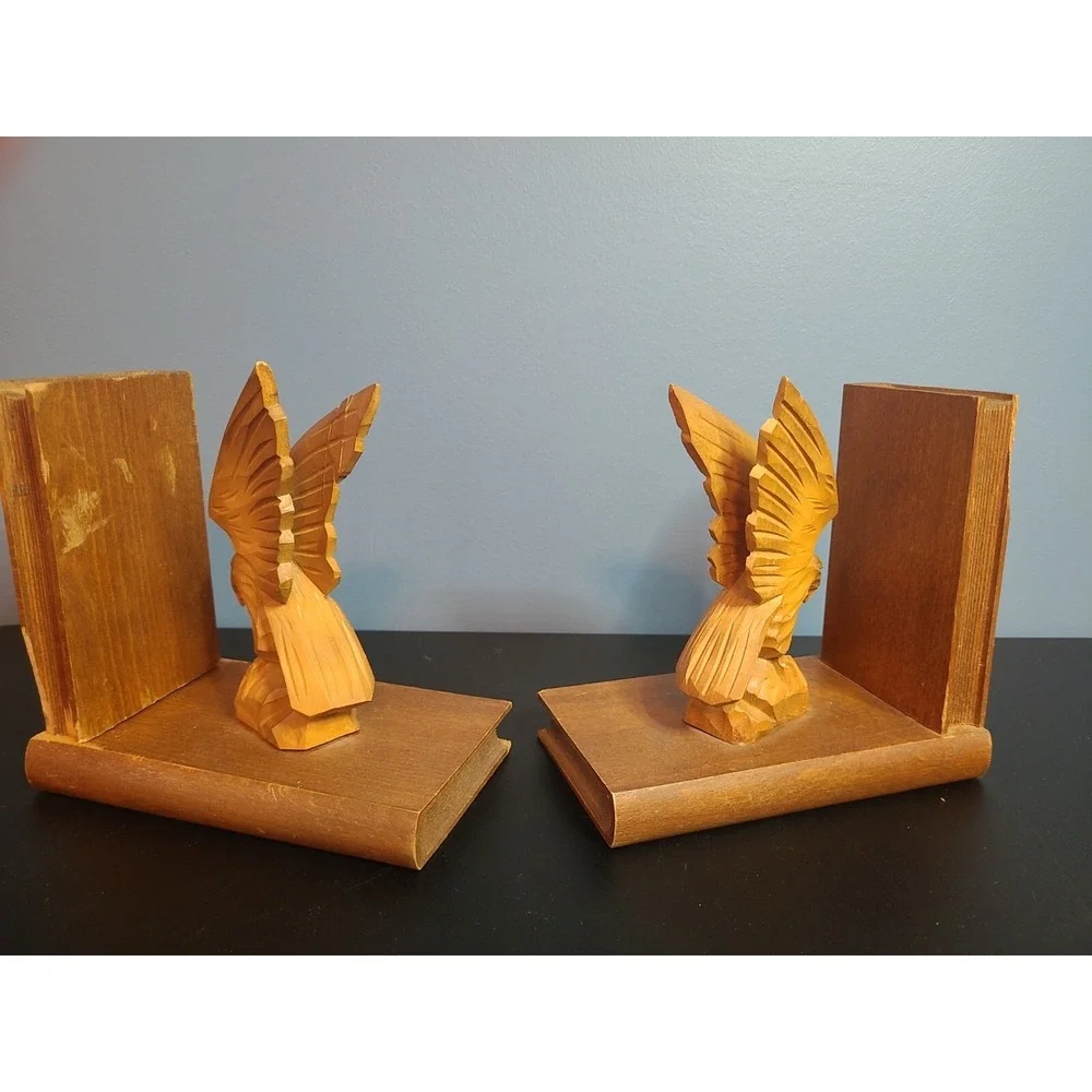 Pair of Bird of Prey American Eagle Hand Carved Wood Vintage Bookends